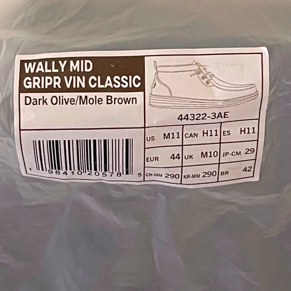 Hey Dude Wally Mid Gripr Vin Classic Mens Dark Olive Mole Brown Boots Sz 11 NEW